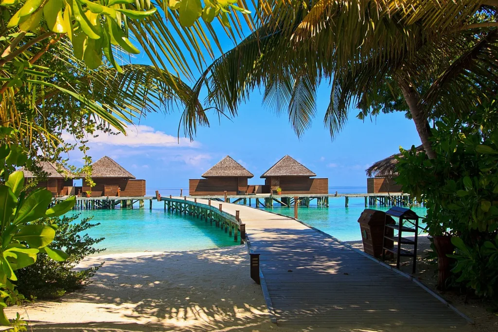 Île tropicale des Maldives entourée d’un lagon bleu pour un voyage de noces