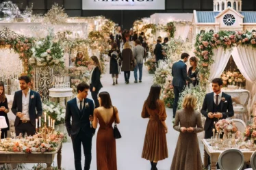 Salon de mariage : Une photo d'un salon de mariage en France, montrant des stands décorés, des futurs mariés en visite, et des professionnels discutant.