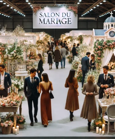 Salon de mariage : Une photo d'un salon de mariage en France, montrant des stands décorés, des futurs mariés en visite, et des professionnels discutant.