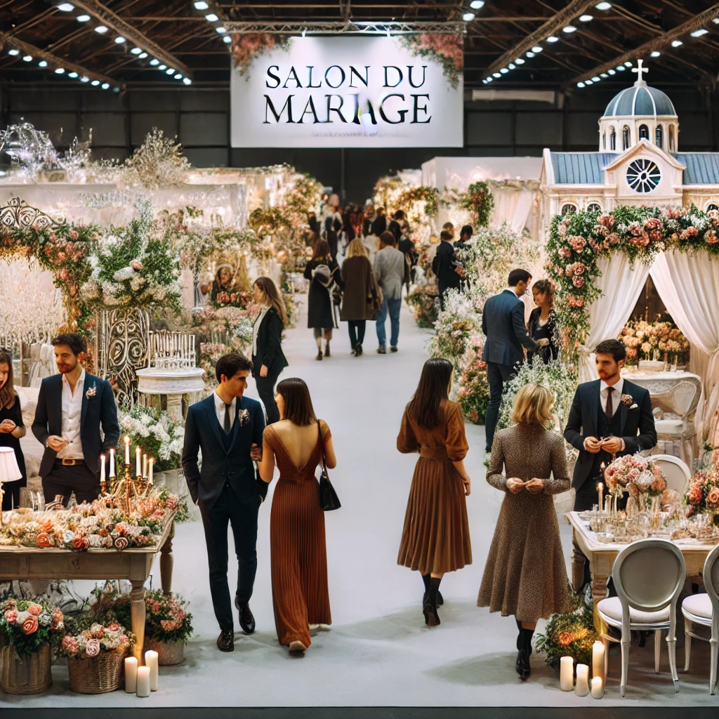 Salon de mariage : Une photo d'un salon de mariage en France, montrant des stands décorés, des futurs mariés en visite, et des professionnels discutant.