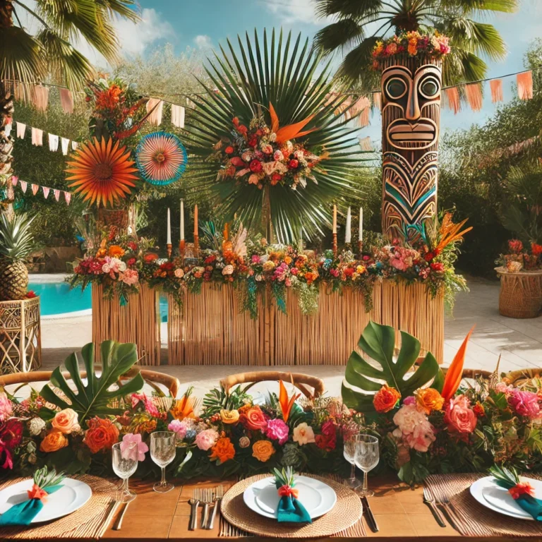 Table de mariage tropicale décorée de feuillages, de fleurs colorées et d’une sculpture inspirée des îles